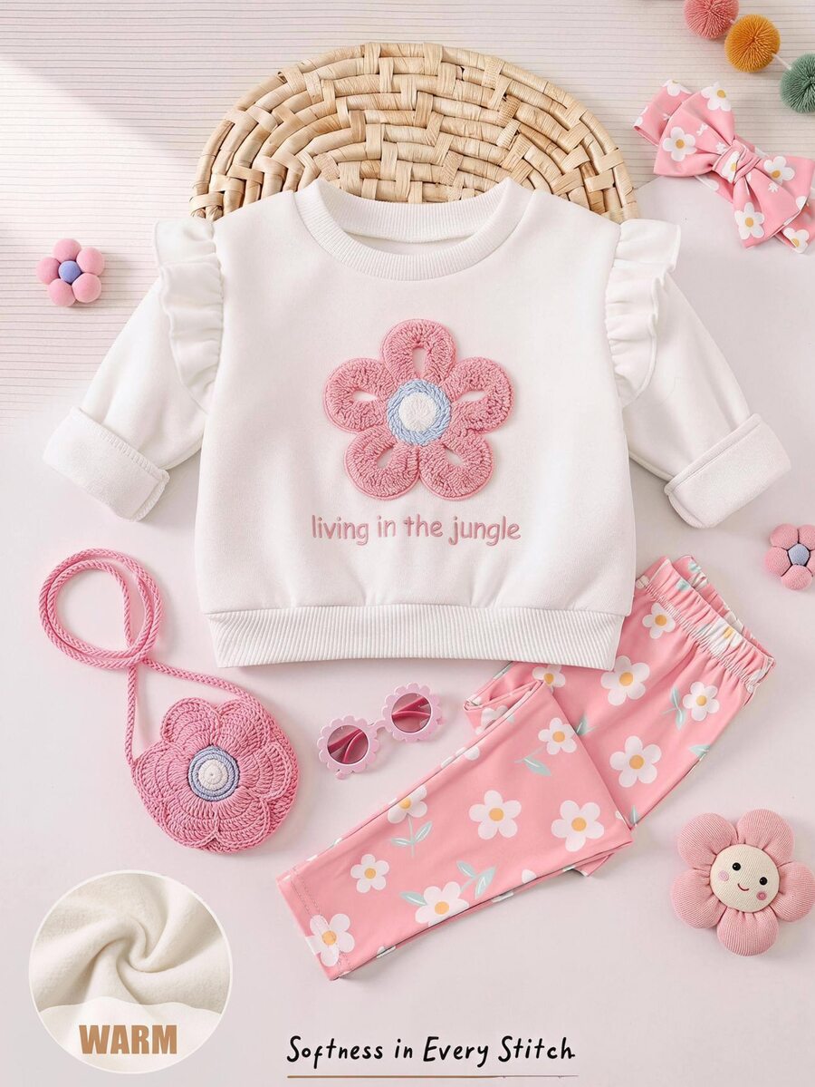 Cozy Pixies Baby Girls Pullover Sweatshirt Co-Ords, Crew Neck Pullover, Fleece Lined Long Sleeve, Colorful Floral Pattern Knitted Soft Pullover Sweatshirt, Elastic Waist Floral Print Pink Trousers, 2pcs Set, Cute And Comfortable - Pink - View 1