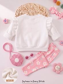 Cozy Pixies Baby Girls Pullover Sweatshirt Co-Ords, Crew Neck Pullover, Fleece Lined Long Sleeve, Colorful Floral Pattern Knitted Soft Pullover Sweatshirt, Elastic Waist Floral Print Pink Trousers, 2pcs Set, Cute And Comfortable - Pink - View 2