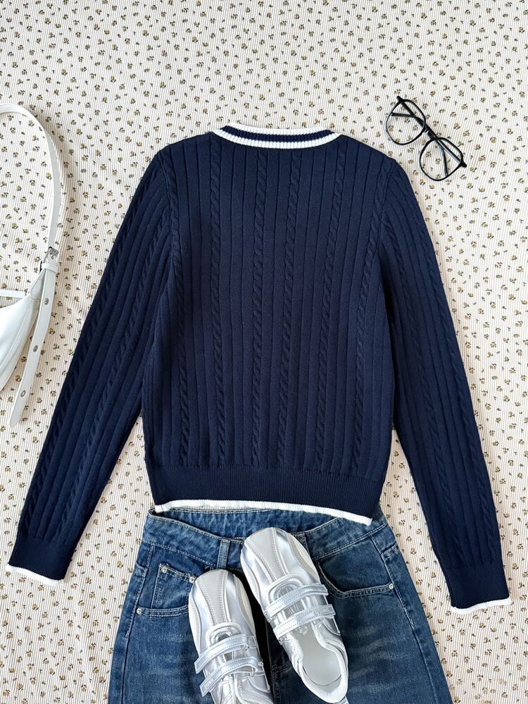 SHEIN Kids Teen Girl Minimalist Solid Color V-Neck Long Sleeve Pullover Sweater, Casual Daily Wear, Autumn/Winter Long Sleeve Top, Preppy V-Neck Long Sleeve Sweater, Retro V-Neck Sweater, Back To School Outfit - Navy Blue - View 5