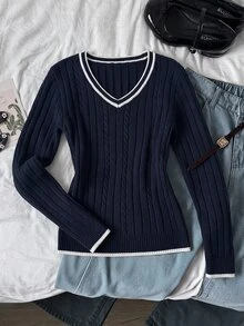 SHEIN 兒童青少年女孩極簡純色V領長袖套頭毛衣，休閒日常穿著，秋冬長袖上衣，學院風V領長袖毛衣，復古V領毛衣，返校穿搭 - 藏蓝色 - 查看 2