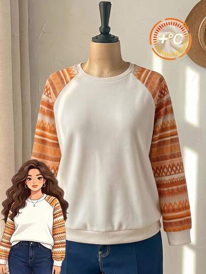 Rusticease Plus Size Women's Print Sleeve Round Neck Long Sleeve Ribbed Cuff Pullover Hoodies Casual Daily Going Out Fall Fashion 2026