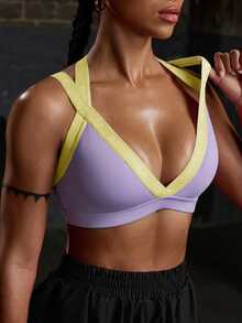 Powerista 女款拼色休閒日常運動內衣 春夏健身運動服 黃色純色短版運動內衣 - 淡紫色 - 查看 4