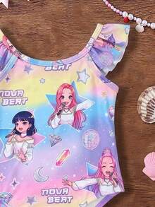 SHEIN 卡通女孩，亮紫色，卡通女孩团体泳衣，女婴休闲简约修身连体泳衣，适合夏季 - 彩色 - 查看 4