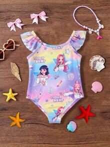 SHEIN 卡通女孩，亮紫色，卡通女孩团体泳衣，女婴休闲简约修身连体泳衣，适合夏季 - 彩色 - 查看 1