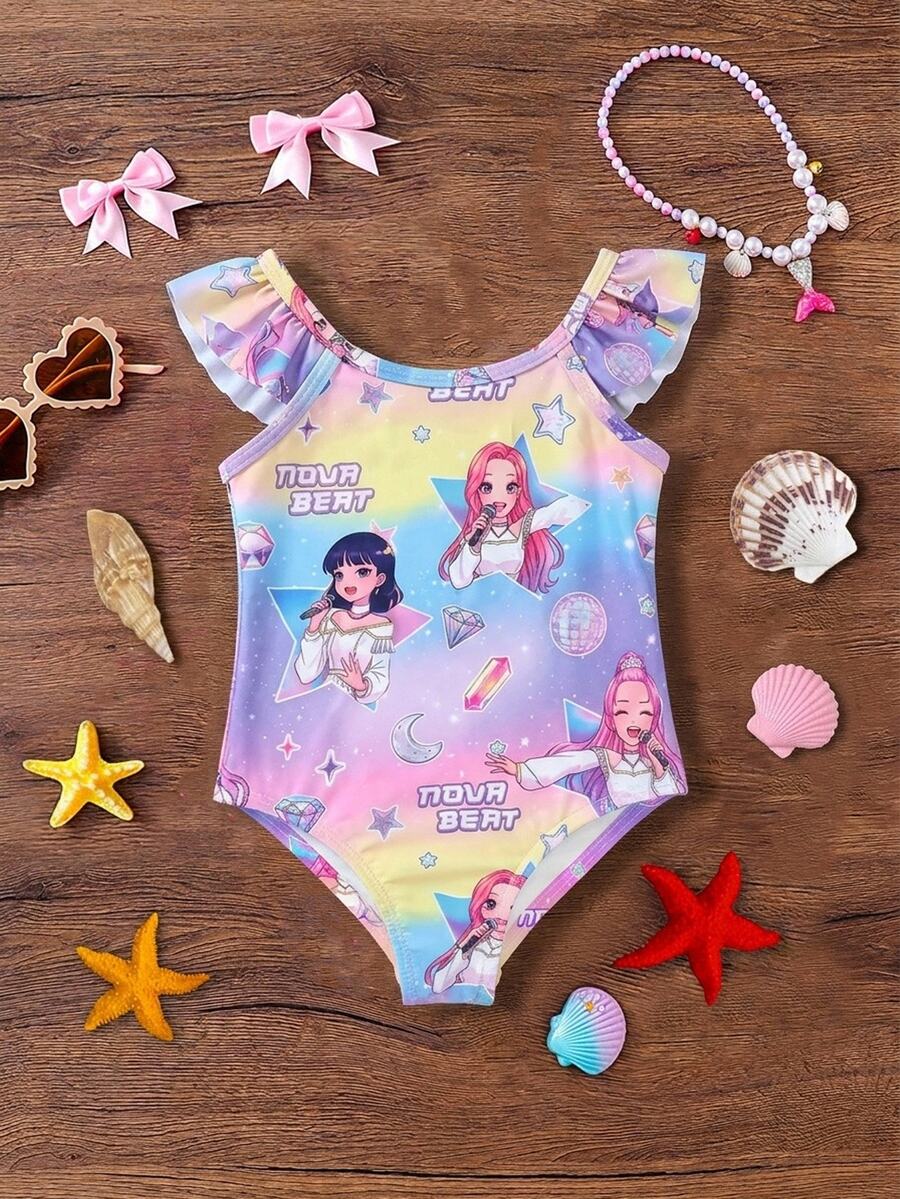 SHEIN 卡通女孩,亮紫色,卡通女孩团体泳衣,女婴休闲简约修身连体泳衣,适合夏季 - 彩色 - 查看 1