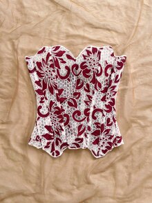Soleia Sexy Élégant Avant-Garde Corset Bustier à Double Couche en Dentelle Ajusté avec Baleines Blanc et Bordeaux Broderie Ajourée Vêtement de Forme Sortie Soirée Été - Multicolore - Voir 6