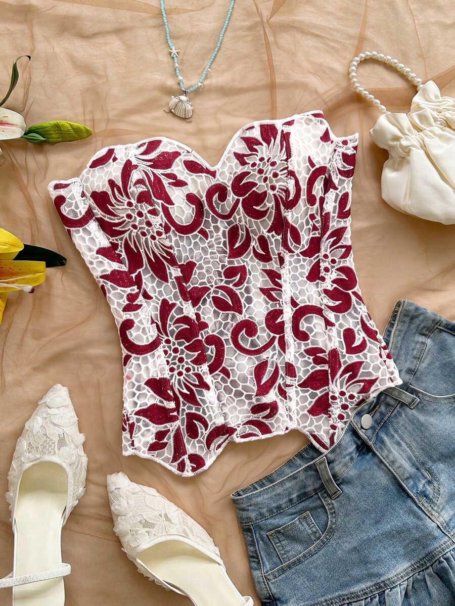 Soleia Sexy Élégant Avant-Garde Corset Bustier à Double Couche en Dentelle Ajusté avec Baleines Blanc et Bordeaux Broderie Ajourée Vêtement de Forme Sortie Soirée Été - Multicolore - Voir 1