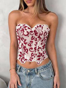 Soleia Sexy Élégant Avant-Garde Corset Bustier à Double Couche en Dentelle Ajusté avec Baleines Blanc et Bordeaux Broderie Ajourée Vêtement de Forme Sortie Soirée Été - Multicolore - Voir 3