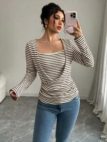 SHEIN Unity Standard Size Women's Autumn/Winter Knit Ribbed Fabric 2 In 1 Slim Fit Ruched Casual French Commute Top T-Shirt Brunch Blue And White Stripe Chic - Multicolor - View 3