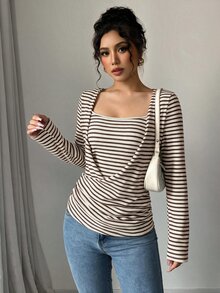 SHEIN Unity Standard Size Women's Autumn/Winter Knit Ribbed Fabric 2 In 1 Slim Fit Ruched Casual French Commute Top T-Shirt Brunch Blue And White Stripe Chic - Multicolor - View 8