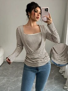 SHEIN Unity Standard Size Women's Autumn/Winter Knit Ribbed Fabric 2 In 1 Slim Fit Ruched Casual French Commute Top T-Shirt Brunch Blue And White Stripe Chic - Multicolor - View 4