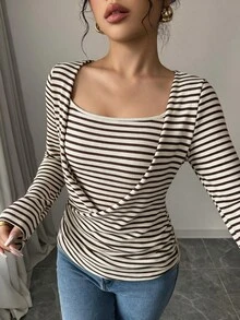 SHEIN Unity Standard Size Women's Autumn/Winter Knit Ribbed Fabric 2 In 1 Slim Fit Ruched Casual French Commute Top T-Shirt Brunch Blue And White Stripe Chic - Multicolor - View 7