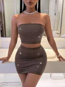 BamGleam 女款水鑽短版抹胸上衣與緊身裙性感兩件套 - 棕色 - 查看 1