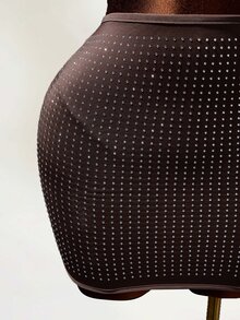 BamGleam 女款水鑽短版抹胸上衣與緊身裙性感兩件套 - 棕色 - 查看 5