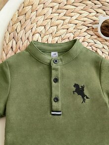 新生男宝宝可爱学院风针织红色短袖上衣和松紧腰短裤套装 - 軍綠色 - 查看 6