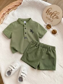 新生男宝宝可爱学院风针织红色短袖上衣和松紧腰短裤套装 - 軍綠色 - 查看 8