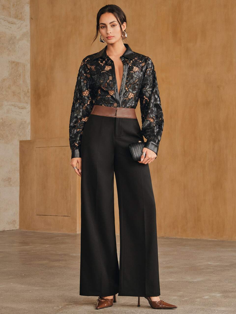 Anewsta Women's Modern Versatile Commute Design PU Leather Patchwork Draped Wide Leg Straight Pants