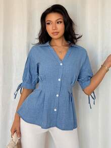 SHEIN Clasi 女式夏季法式短袖荷叶边袖系带腰衬衫 - 藍色 - 查看 6