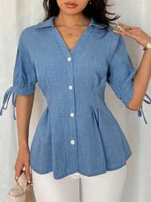 SHEIN Clasi 女式夏季法式短袖荷叶边袖系带腰衬衫 - 藍色 - 查看 4