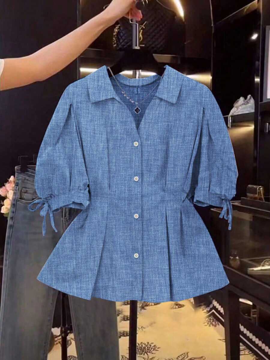 SHEIN Clasi 女式夏季法式短袖荷叶边袖系带腰衬衫 - 藍色 - 查看 1