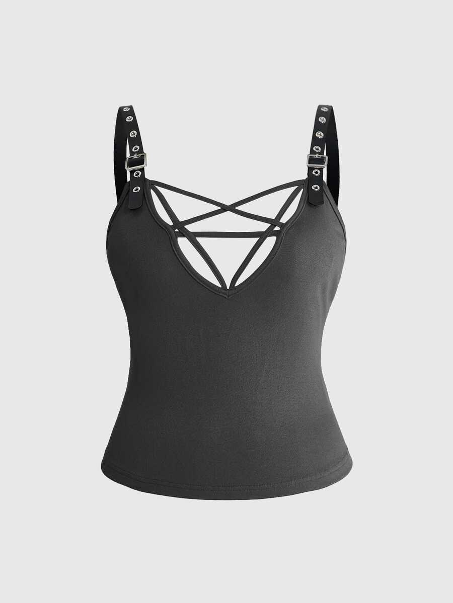 ROMWE Grunge Punk Plus Criss Cross Front Garment Eyelet Adjustable Strap Cami Top - Dark Grey - View 1