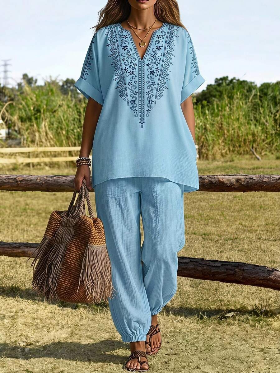 EMERY ROSE Plus Size Women's Lace Patchwork Floral Print Notch V-Neck Short Sleeve Loose Shirt Pants 2pcs Set Summer Daily Going Out Hawaii Vacation Sky Blue - Multicolor - View 1