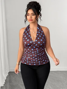 SHEIN LUNE CURVE Women's Plus Size Polka Dot Sexy Spaghetti Strap Sleeveless Top Summer Going Out Tops Going Out Tops For Women Elegant Top - Multicolor - View 3