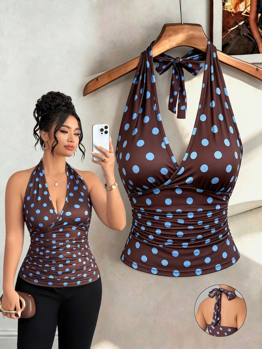 SHEIN LUNE CURVE Women's Plus Size Polka Dot Sexy Spaghetti Strap Sleeveless Top Summer Going Out Tops Going Out Tops For Women Elegant Top - Multicolor - View 1