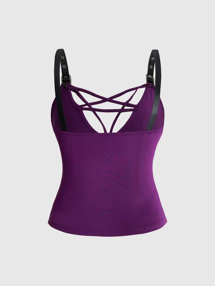 ROMWE Grunge Punk Plus Size Y2K Punk Sexy Pentagram Lace-Up Design Metal Strap Fitted Solid Color Versatile Tank Top - Purple - View 2