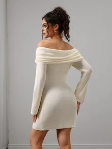 Momance Gaun Sweater Hamil, Siluet Pas Badan, Desain Kain Bertekstur Lengan Mengembang Bahu Terbuka, Gaun Mini Pullover Rajut Warna Polos, Serbaguna untuk Pemakaian Sehari-hari - Aprikot - View 2