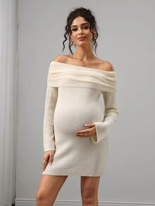Momance Gaun Sweater Hamil, Siluet Pas Badan, Desain Kain Bertekstur Lengan Mengembang Bahu Terbuka, Gaun Mini Pullover Rajut Warna Polos, Serbaguna untuk Pemakaian Sehari-hari - Aprikot - View 4