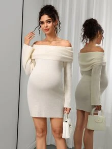 Momance Gaun Sweater Hamil, Siluet Pas Badan, Desain Kain Bertekstur Lengan Mengembang Bahu Terbuka, Gaun Mini Pullover Rajut Warna Polos, Serbaguna untuk Pemakaian Sehari-hari - Aprikot - View 7