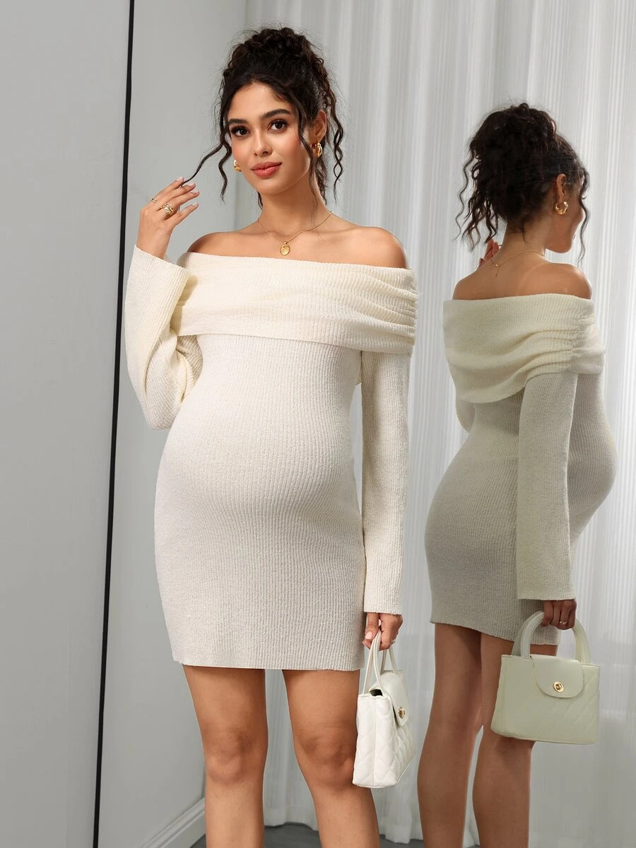 Momance Gaun Sweater Hamil, Siluet Pas Badan, Desain Kain Bertekstur Lengan Mengembang Bahu Terbuka, Gaun Mini Pullover Rajut Warna Polos, Serbaguna untuk Pemakaian Sehari-hari - Aprikot - View 1