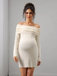Momance Gaun Sweater Hamil, Siluet Pas Badan, Desain Kain Bertekstur Lengan Mengembang Bahu Terbuka, Gaun Mini Pullover Rajut Warna Polos, Serbaguna untuk Pemakaian Sehari-hari - Aprikot - View 5