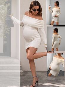 Momance Gaun Sweater Hamil, Siluet Pas Badan, Desain Kain Bertekstur Lengan Mengembang Bahu Terbuka, Gaun Mini Pullover Rajut Warna Polos, Serbaguna untuk Pemakaian Sehari-hari - Aprikot - View 8