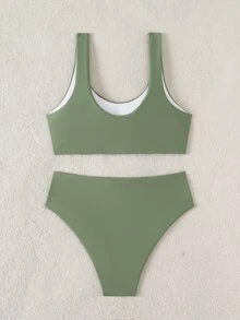 Bonvoyette 女款夏季海灘純色休閒比基尼兩件式泳衣套裝 - 軍綠色 - 查看 2