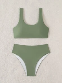 Bonvoyette 女款夏季海灘純色休閒比基尼兩件式泳衣套裝 - 軍綠色 - 查看 5