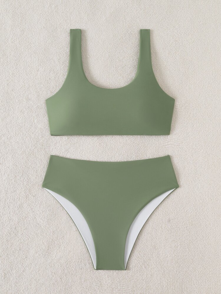 Bonvoyette Setelan Bikini Dua Potong Kasual Warna Polos untuk Pantai Musim Panas Wanita - Hijau Tentara - View 5