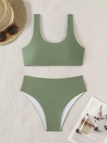 Bonvoyette 女款夏季海灘純色休閒比基尼兩件式泳衣套裝 - 軍綠色 - 查看 4