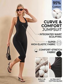 Sinnesro Solid Color Backless Halter Neck Fitted Jumpsuit Gym Black Summer Modest,Women's Jumpsuit,Skin-Tight Capri Pants,Casual,For Party,Containing Cotton - Black - View 11