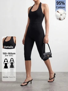 Sinnesro Solid Color Backless Halter Neck Fitted Jumpsuit Gym Black Summer Modest,Women's Jumpsuit,Skin-Tight Capri Pants,Casual,For Party,Containing Cotton - Black - View 5
