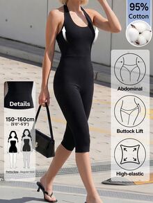 Sinnesro Solid Color Backless Halter Neck Fitted Jumpsuit Gym Black Summer Modest,Women's Jumpsuit,Skin-Tight Capri Pants,Casual,For Party,Containing Cotton - Black - View 9
