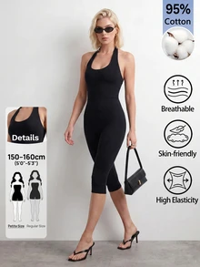 Sinnesro Solid Color Backless Halter Neck Fitted Jumpsuit Gym Black Summer Modest,Women's Jumpsuit,Skin-Tight Capri Pants,Casual,For Party,Containing Cotton - Black - View 8
