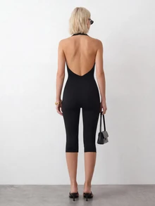 Sinnesro Solid Color Backless Halter Neck Fitted Jumpsuit Gym Black Summer Modest,Women's Jumpsuit,Skin-Tight Capri Pants,Casual,For Party,Containing Cotton - Black - View 3