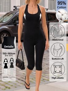 Sinnesro Solid Color Backless Halter Neck Fitted Jumpsuit Gym Black Summer Modest,Women's Jumpsuit,Skin-Tight Capri Pants,Casual,For Party,Containing Cotton - Black - View 12