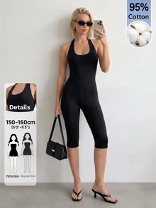 Sinnesro Solid Color Backless Halter Neck Fitted Jumpsuit Gym Black Summer Modest,Women's Jumpsuit,Skin-Tight Capri Pants,Casual,For Party,Containing Cotton - Black - View 7