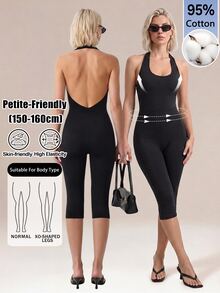Sinnesro Solid Color Backless Halter Neck Fitted Jumpsuit Gym Black Summer Modest,Women's Jumpsuit,Skin-Tight Capri Pants,Casual,For Party,Containing Cotton - Black - View 13
