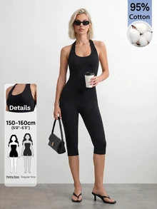 Sinnesro Solid Color Backless Halter Neck Fitted Jumpsuit Gym Black Summer Modest,Women's Jumpsuit,Skin-Tight Capri Pants,Casual,For Party,Containing Cotton - Black - View 6