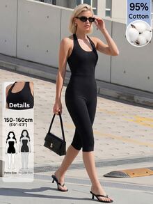 Sinnesro Solid Color Backless Halter Neck Fitted Jumpsuit Gym Black Summer Modest,Women's Jumpsuit,Skin-Tight Capri Pants,Casual,For Party,Containing Cotton - Black - View 4