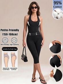 Sinnesro Solid Color Backless Halter Neck Fitted Jumpsuit Gym Black Summer Modest,Women's Jumpsuit,Skin-Tight Capri Pants,Casual,For Party,Containing Cotton - Black - View 14